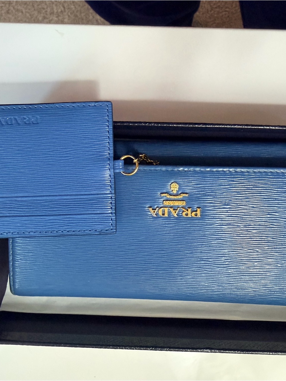 Prada Blue Saffiano Leather Zip Wallet with Card Holder